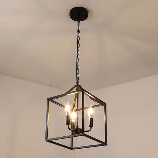 Retro Black Pendant Light: Square Cage Chandelier with 3 Lights, Metal Lamp for Dining Room