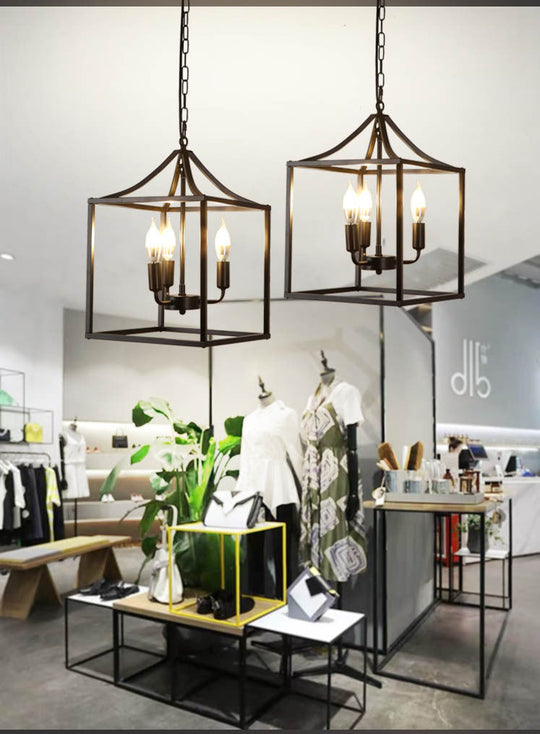 Retro Black Pendant Light: Square Cage Chandelier with 3 Lights, Metal Lamp for Dining Room