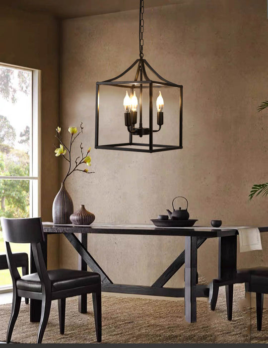 Retro Black Pendant Light: Square Cage Chandelier with 3 Lights, Metal Lamp for Dining Room