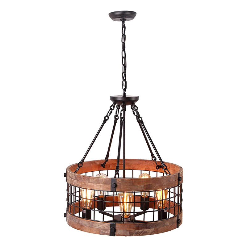 Rustic Metal Grid Cage Drum Chandelier: Brown Suspension Pendant Light for Dining Room