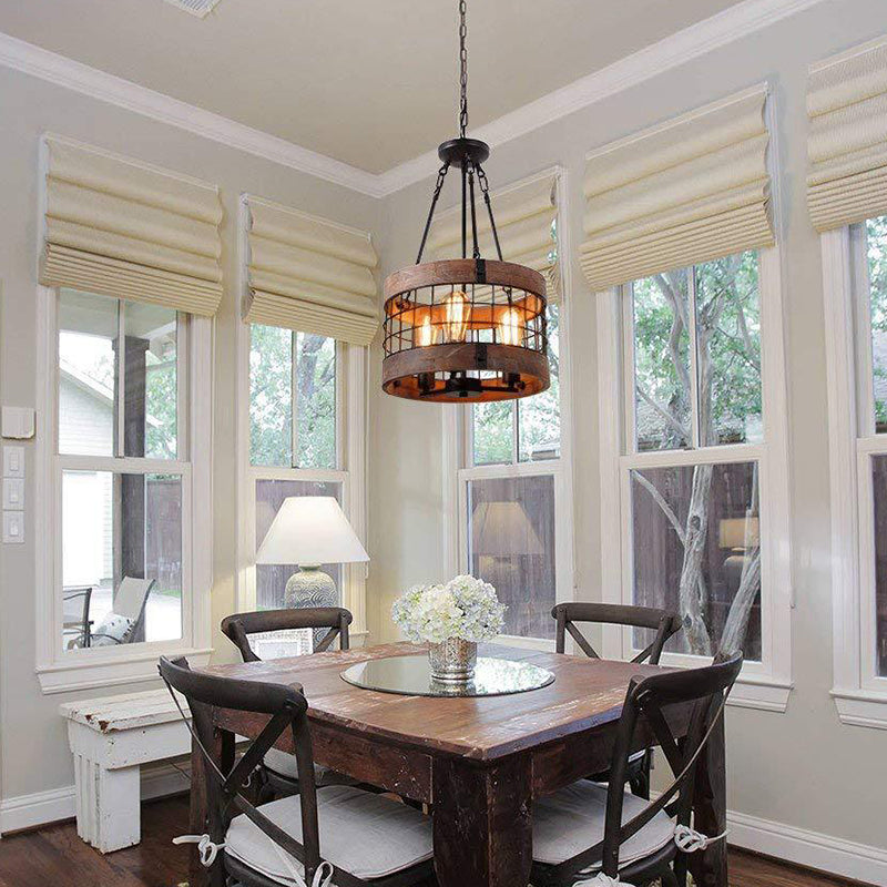 Rustic Metal Grid Cage Drum Chandelier: Brown Suspension Pendant Light for Dining Room