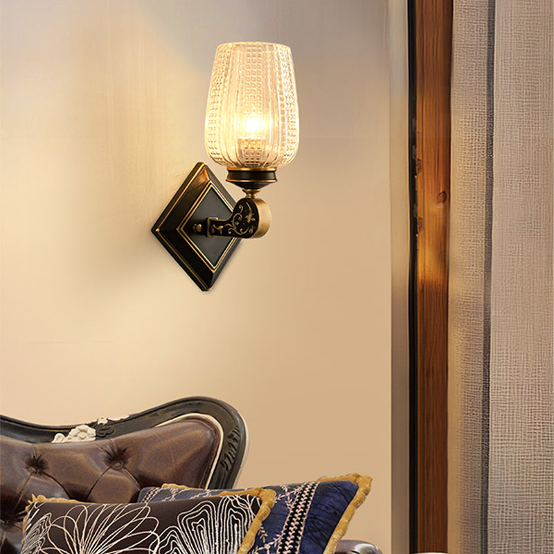 Contemporary Wall Mounted Light with Clear Textured Glass - Brass Finish