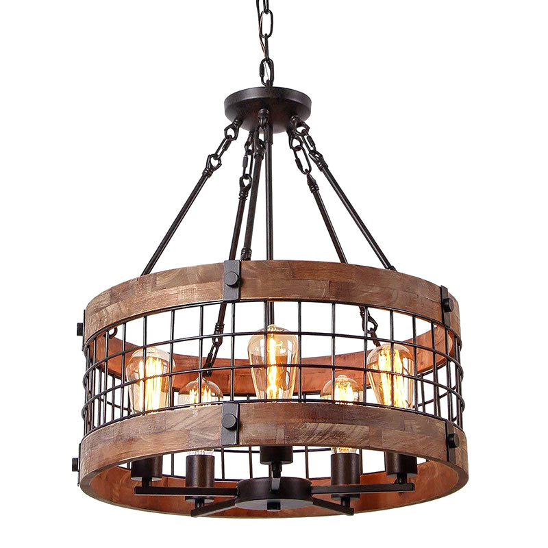 Rustic Metal Grid Cage Drum Chandelier: Brown Suspension Pendant Light for Dining Room