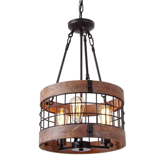 Rustic Metal Grid Cage Drum Chandelier: Brown Suspension Pendant Light for Dining Room