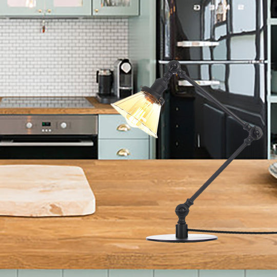Stylish Cone Clear/Amber Glass Table Lamp - 1 Light Black/Brass Lighting for Study Room
