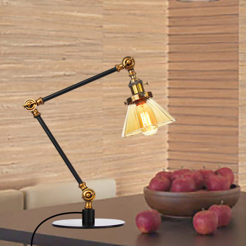 Stylish Cone Clear/Amber Glass Table Lamp - 1 Light Black/Brass Lighting for Study Room