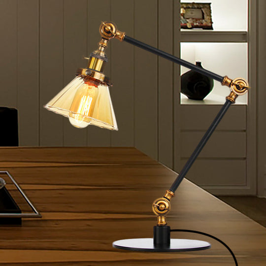 Stylish Cone Clear/Amber Glass Table Lamp - 1 Light Black/Brass Lighting for Study Room