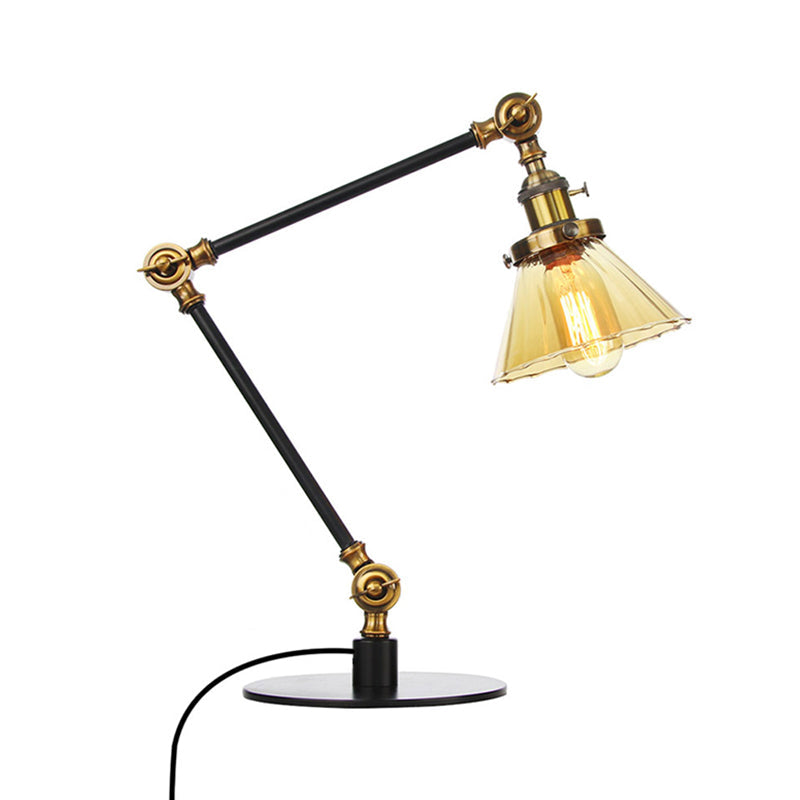 Stylish Cone Clear/Amber Glass Table Lamp - 1 Light Black/Brass Lighting for Study Room