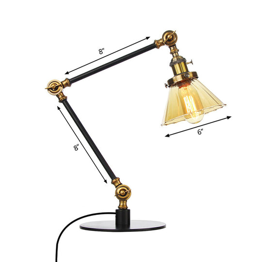 Stylish Cone Clear/Amber Glass Table Lamp - 1 Light Black/Brass Lighting for Study Room