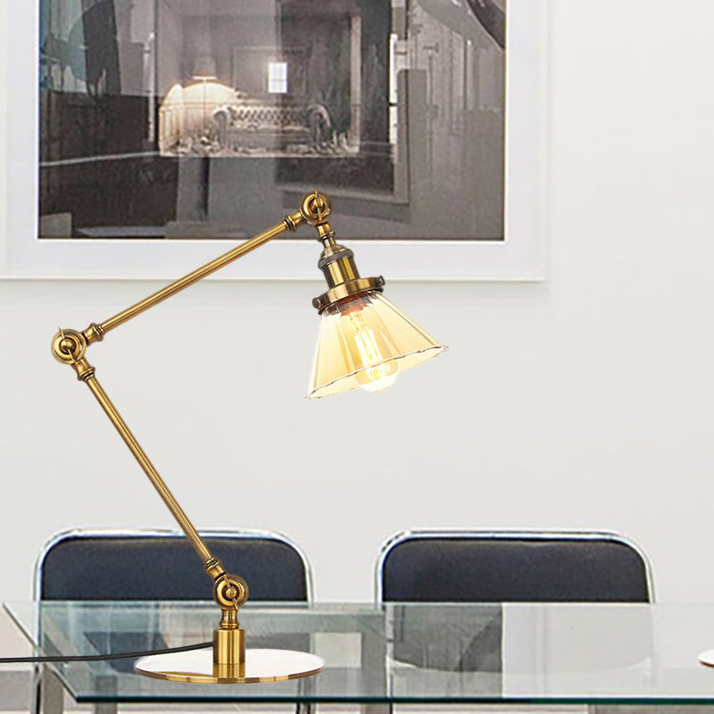 Stylish Cone Clear/Amber Glass Table Lamp - 1 Light Black/Brass Lighting for Study Room