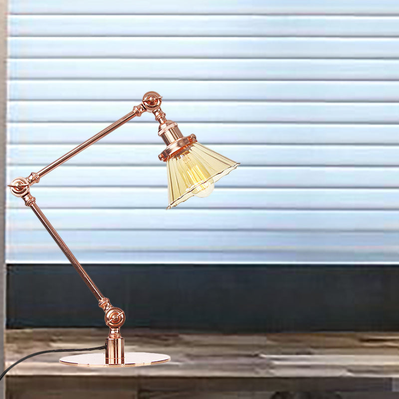 Stylish Cone Clear/Amber Glass Table Lamp - 1 Light Black/Brass Lighting for Study Room