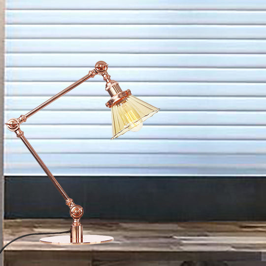 Stylish Cone Clear/Amber Glass Table Lamp - 1 Light Black/Brass Lighting for Study Room