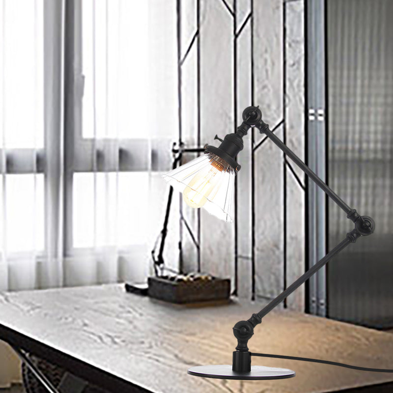 Stylish Cone Clear/Amber Glass Table Lamp - 1 Light Black/Brass Lighting for Study Room