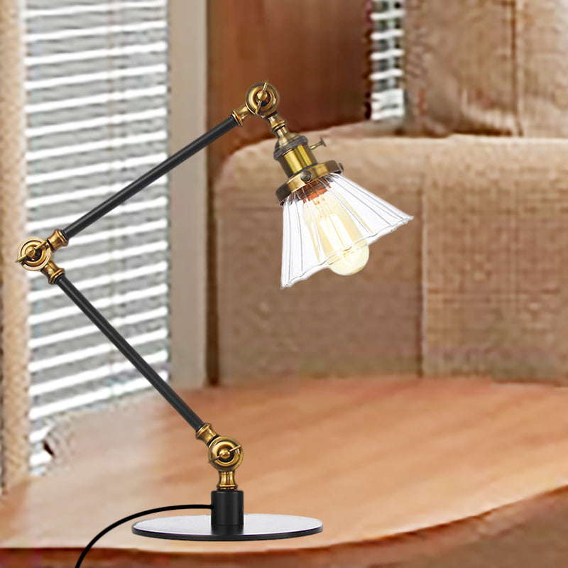 Stylish Cone Clear/Amber Glass Table Lamp - 1 Light Black/Brass Lighting for Study Room