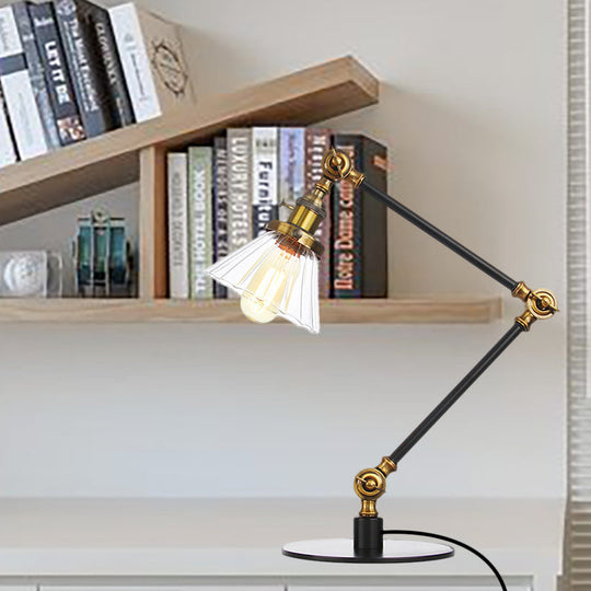 Stylish Cone Clear/Amber Glass Table Lamp - 1 Light Black/Brass Lighting for Study Room