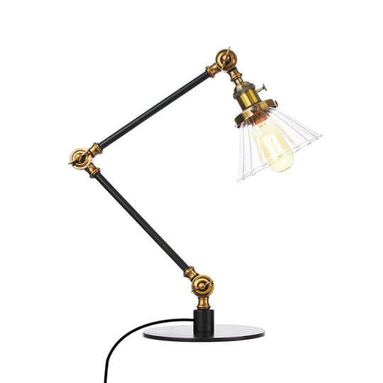 Stylish Cone Clear/Amber Glass Table Lamp - 1 Light Black/Brass Lighting for Study Room
