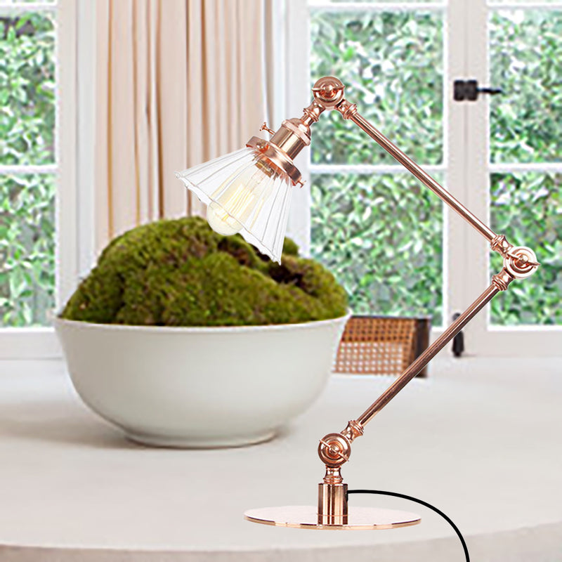 Stylish Cone Clear/Amber Glass Table Lamp - 1 Light Black/Brass Lighting for Study Room