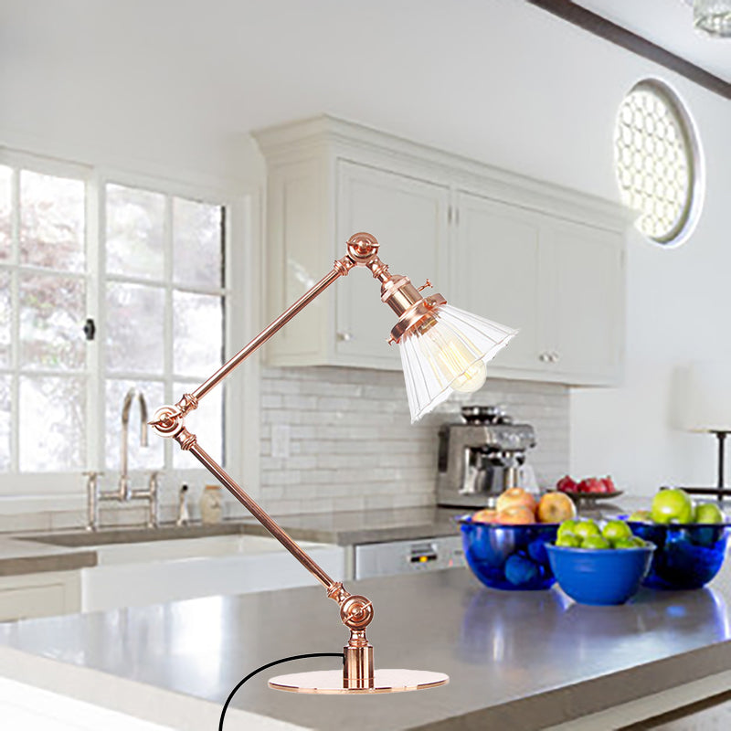 Stylish Cone Clear/Amber Glass Table Lamp - 1 Light Black/Brass Lighting for Study Room