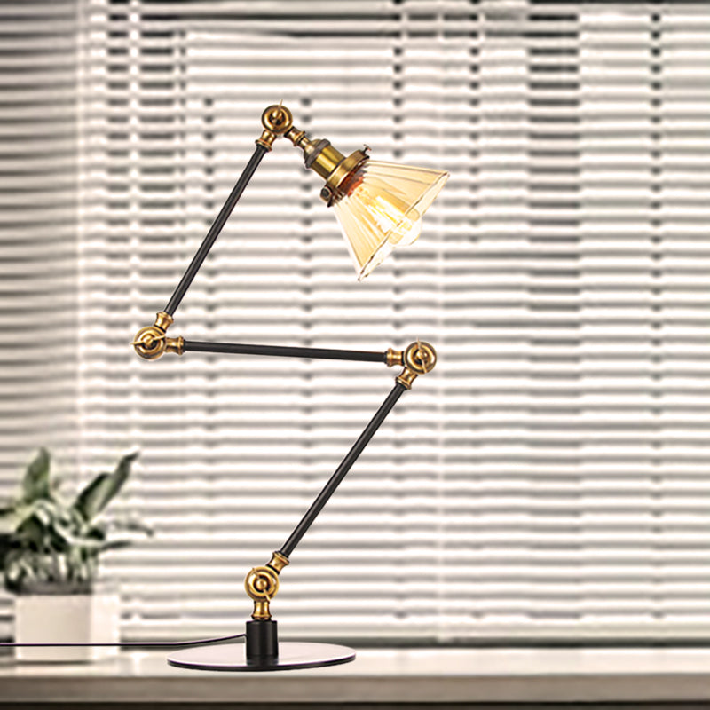 Stylish Cone Clear/Amber Glass Table Lamp - 1 Light Black/Brass Lighting for Study Room