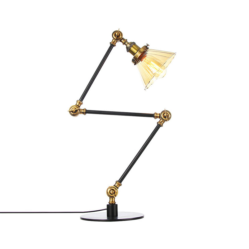 Stylish Cone Clear/Amber Glass Table Lamp - 1 Light Black/Brass Lighting for Study Room