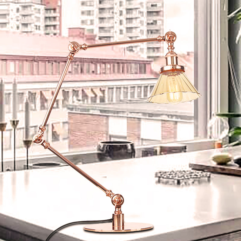 Stylish Cone Clear/Amber Glass Table Lamp - 1 Light Black/Brass Lighting for Study Room