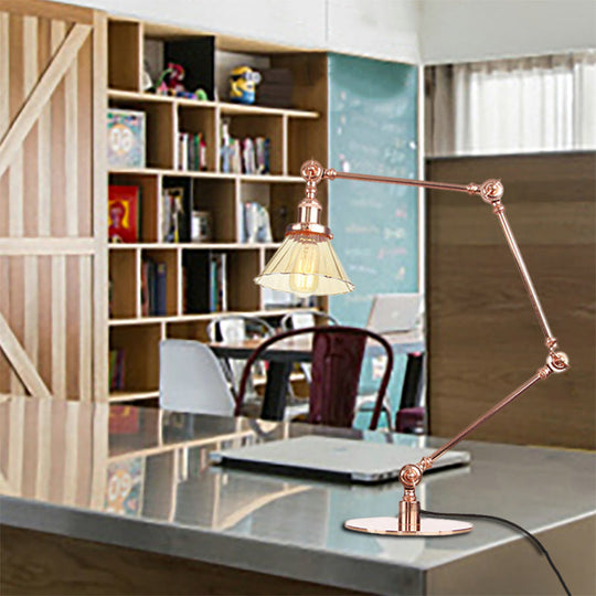 Stylish Cone Clear/Amber Glass Table Lamp - 1 Light Black/Brass Lighting for Study Room