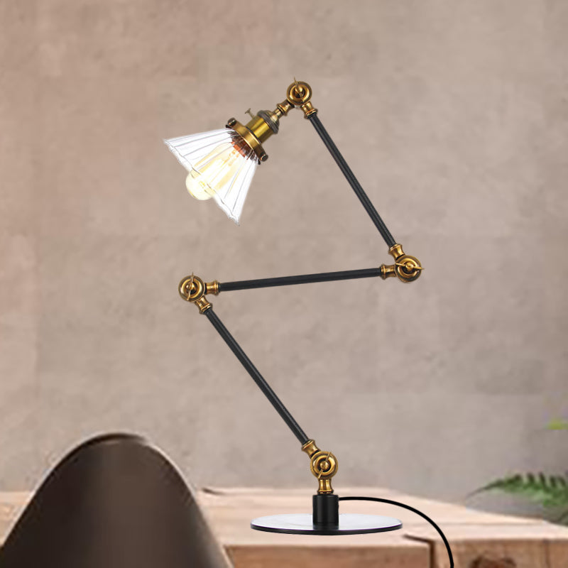 Stylish Cone Clear/Amber Glass Table Lamp - 1 Light Black/Brass Lighting for Study Room