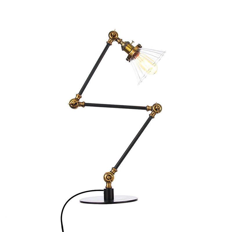 Stylish Cone Clear/Amber Glass Table Lamp - 1 Light Black/Brass Lighting for Study Room