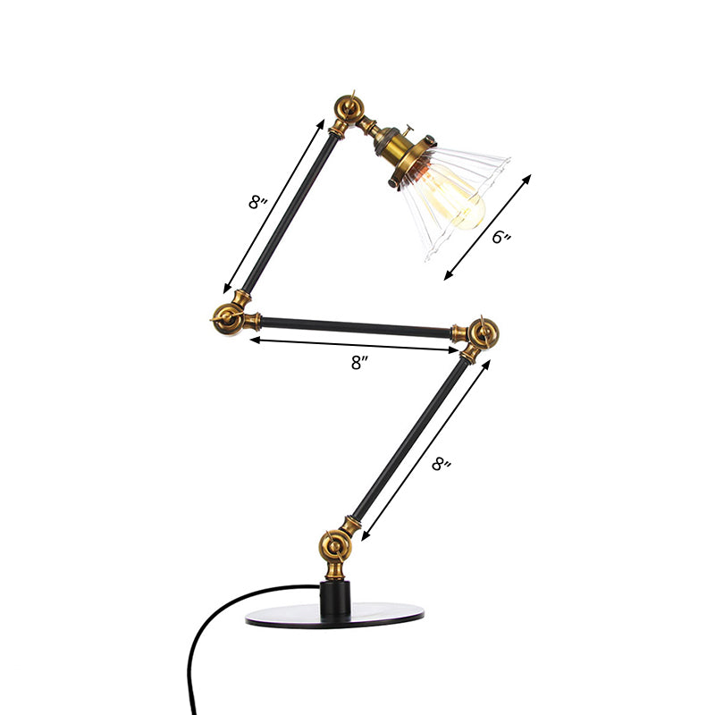Stylish Cone Clear/Amber Glass Table Lamp - 1 Light Black/Brass Lighting for Study Room