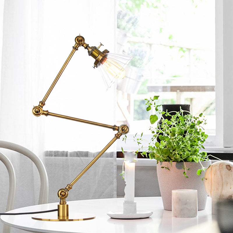 Stylish Cone Clear/Amber Glass Table Lamp - 1 Light Black/Brass Lighting for Study Room