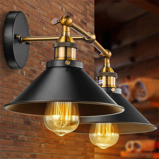 Industrial Metal Vanity Wall Light with Conical Shade - Retro Style, 2-Light