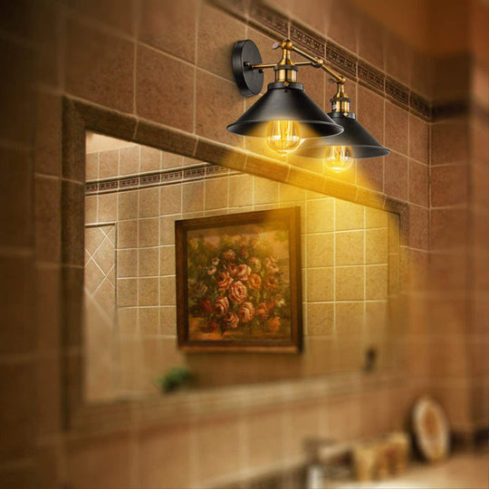 Industrial Metal Vanity Wall Light with Conical Shade - Retro Style, 2-Light