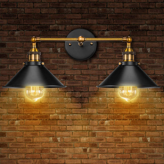 Industrial Metal Vanity Wall Light with Conical Shade - Retro Style, 2-Light