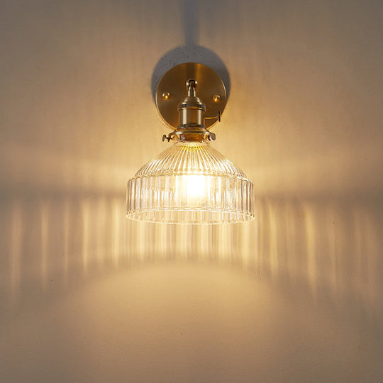 Gold Ribbed Glass Industrial Wall Lamp for Bedroom