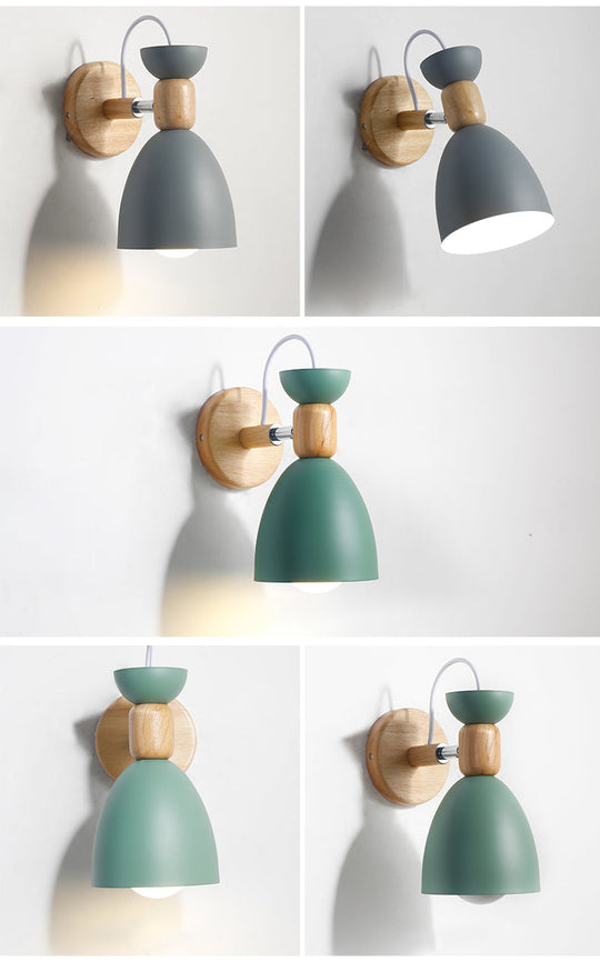 Nordic Macaroon Wall Mount Sconce: Wood Arm and Metal Shade