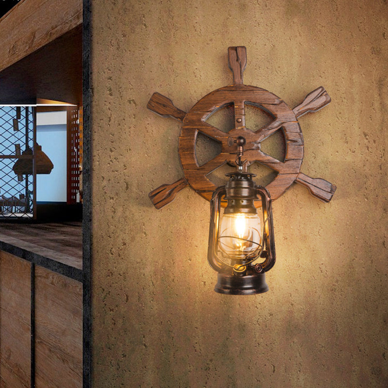 Vintage Wooden Rudder Wall Lamp - Industrial Nautical Style Sconce for Restaurant Bar