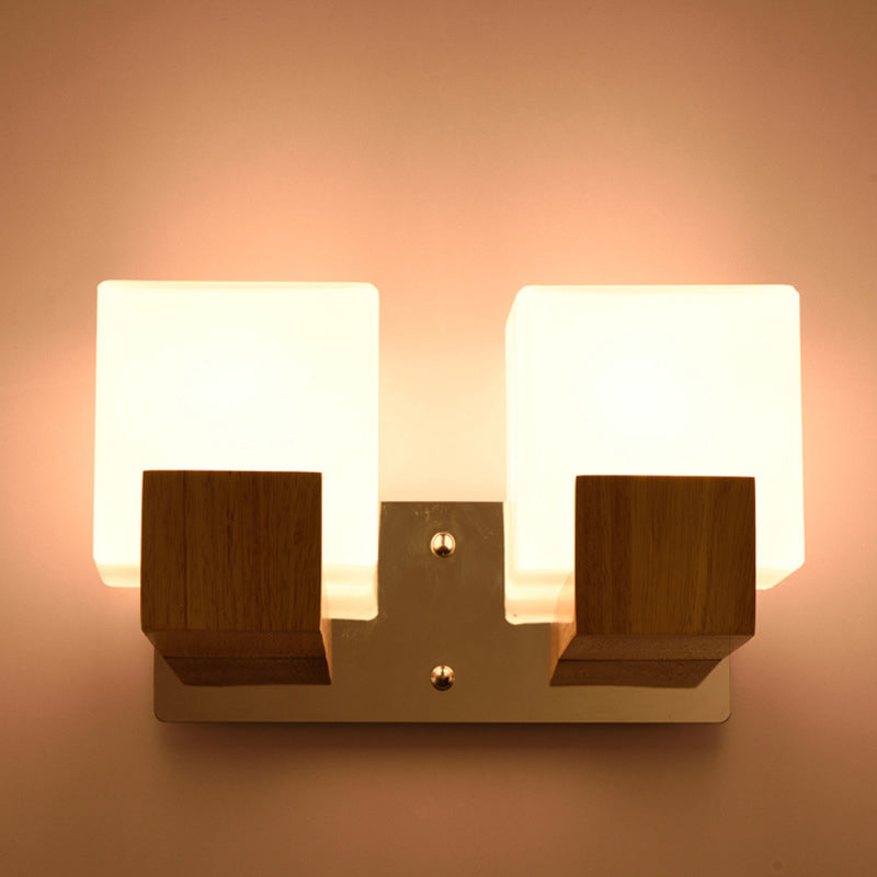 Modern Wooden Square Wall Mount Sconce Light with Simple Glass Shade for Bedroom