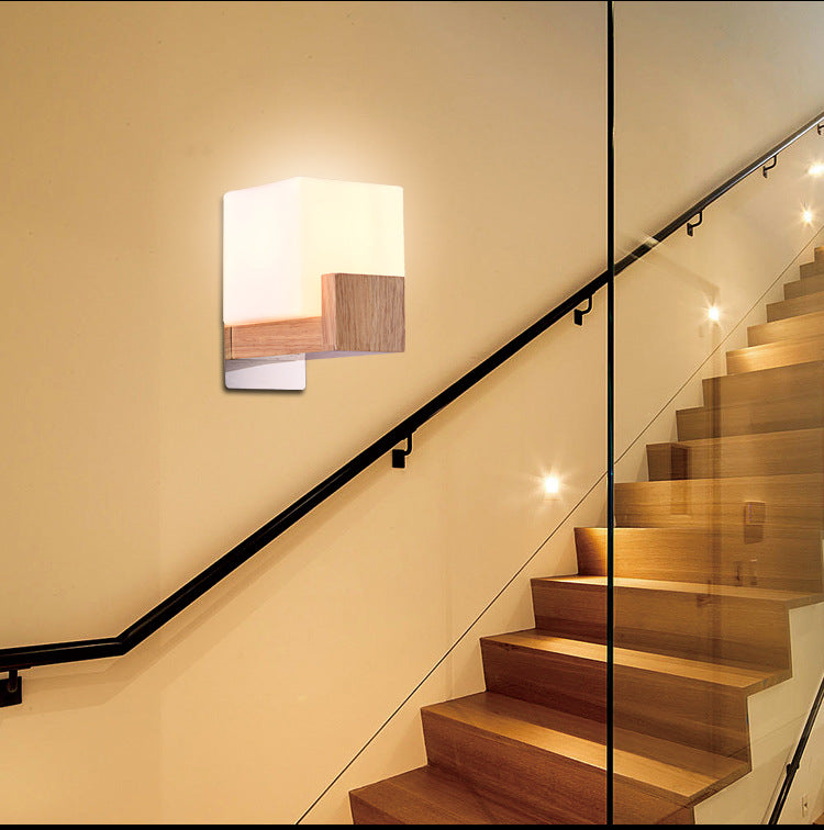 Modern Wooden Square Wall Mount Sconce Light with Simple Glass Shade for Bedroom
