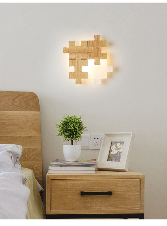 LED Wooden Jigsaw Puzzle Wall Lamp with Acrylic Shade for Bedroom