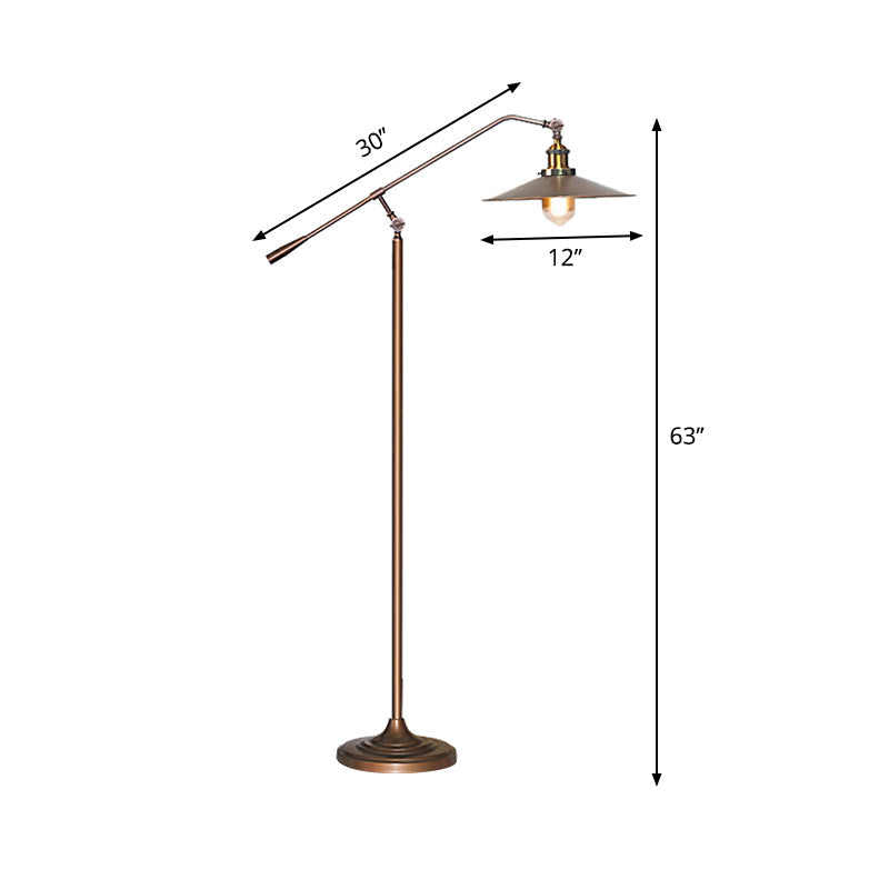 Antique Metal Flared Shade Floor Lamp: Stylish 1-Head Living Room Standing Light in Bronze with Adjustable Arm