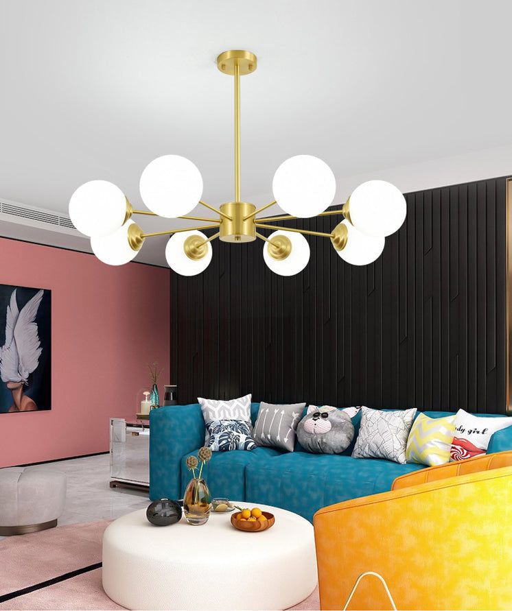 Modern Metal Hanging Chandelier with Opal Glass Shade - Gold Ceiling Light for Living Room