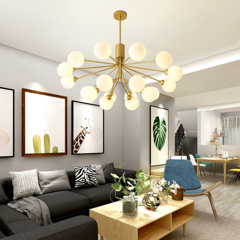 Post-Modern Starburst Chandelier with Opal Glass Shade in Gold - Perfect for Living Room