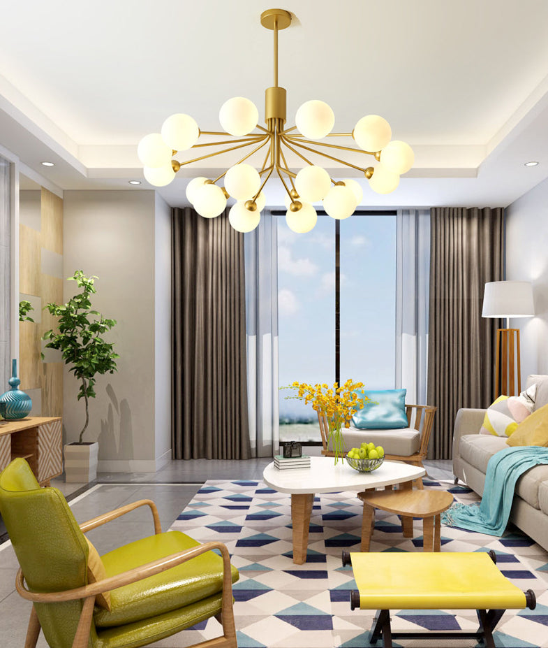 Post-Modern Starburst Chandelier with Opal Glass Shade in Gold - Perfect for Living Room