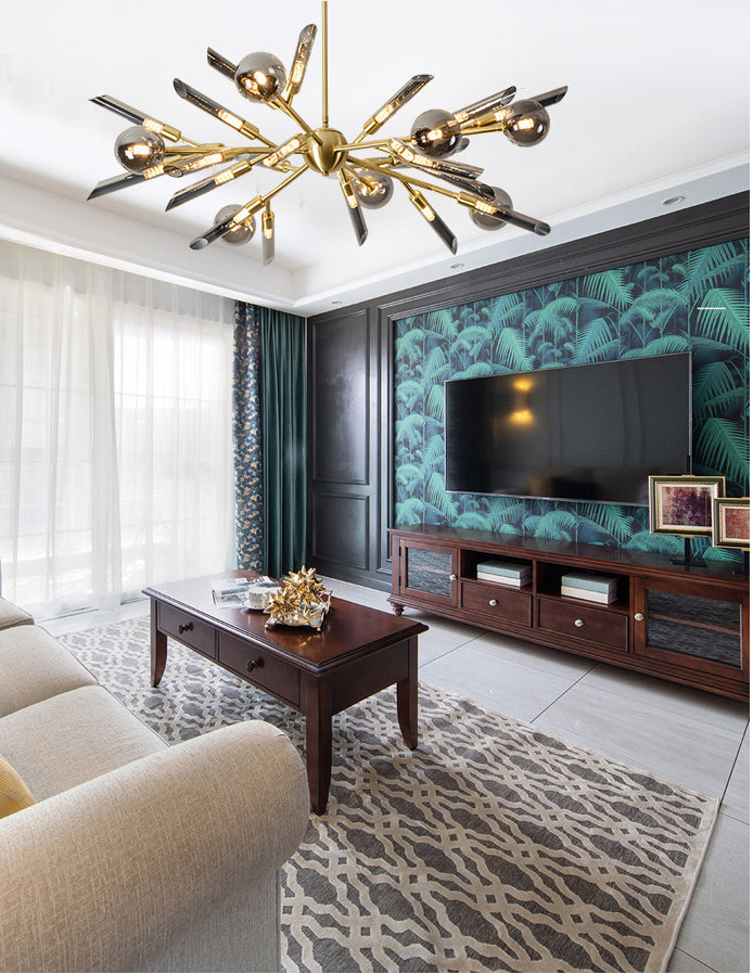 Post-Modern Metal Starburst Chandelier with Glass Shade for Living Room Ceiling