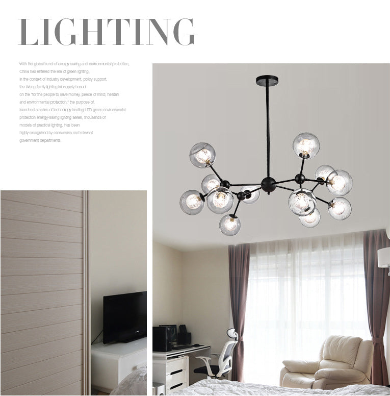 Modern Black Branch Chandelier - Clear Glass Shade Ceiling Light for Living Room
