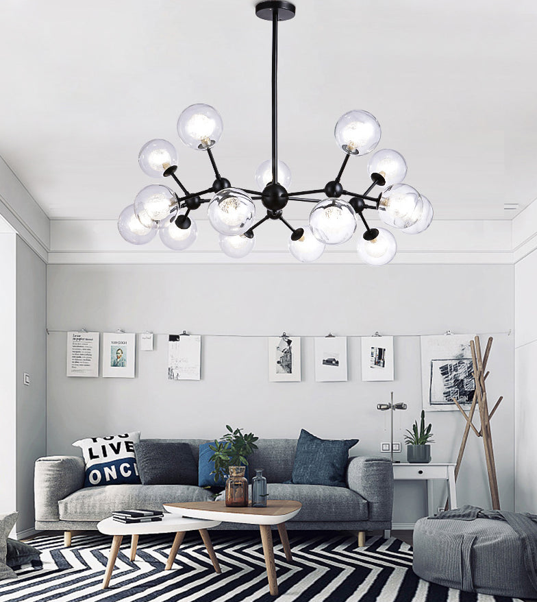 Modern Black Branch Chandelier - Clear Glass Shade Ceiling Light for Living Room