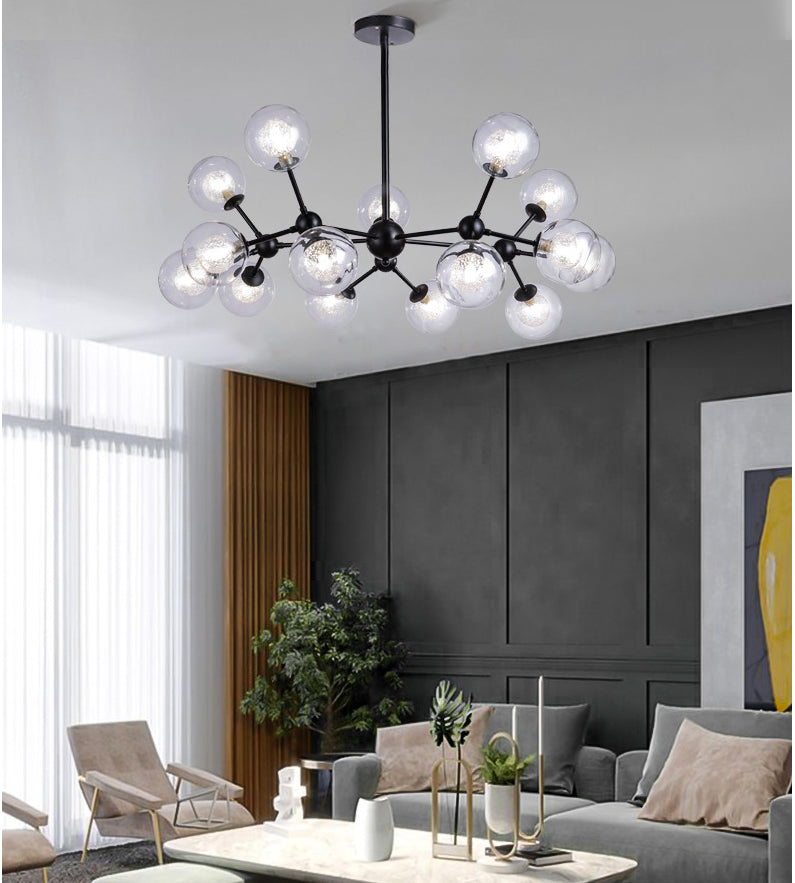 Modern Black Branch Chandelier - Clear Glass Shade Ceiling Light for Living Room