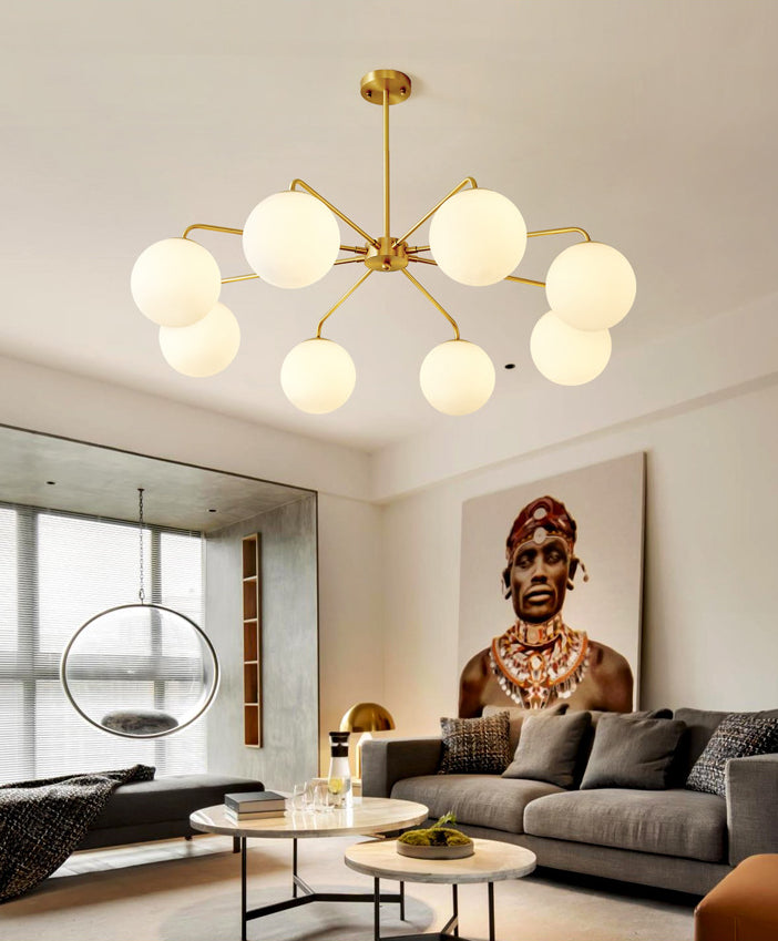 Minimalist White Glass Chandelier - Sleek Spherical Ceiling Light for Living Room