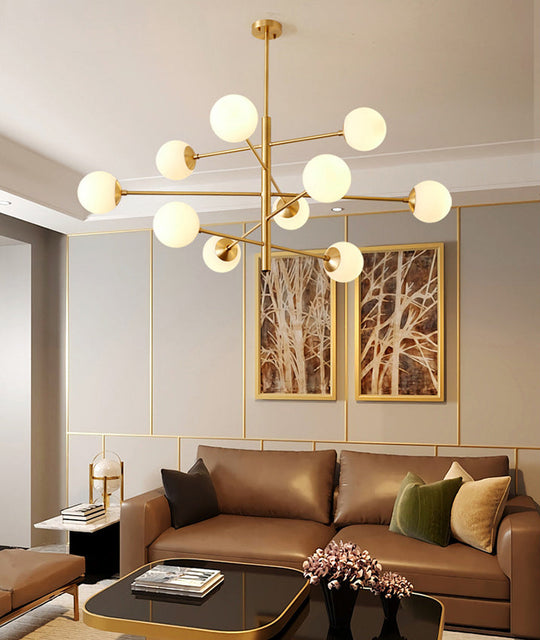 Modern Gold Hanging Chandelier with Satin Opal Glass Ceiling Light for Living Room