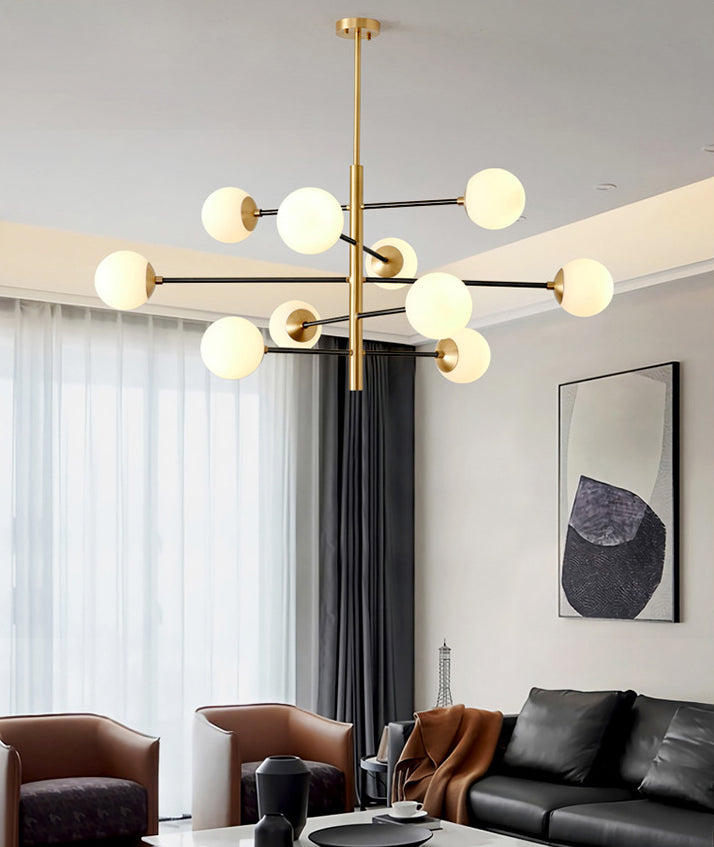 Modern Gold Hanging Chandelier with Satin Opal Glass Ceiling Light for Living Room